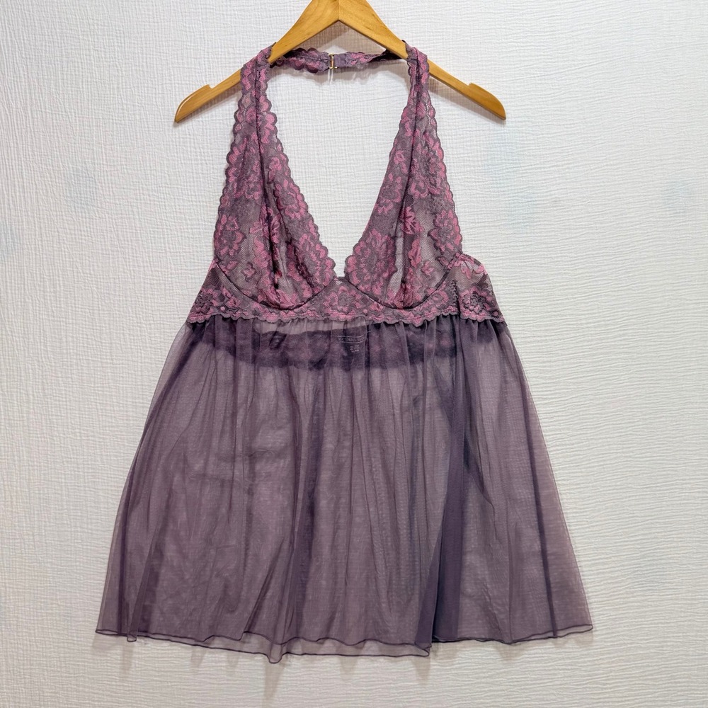 Victoria's Secret Babydoll Chemise Womens XL Purple Floral Lace Halter Lingerie
